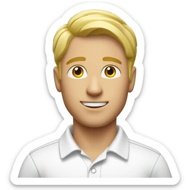 a blond guy in a white polo with a photo ID. sticker