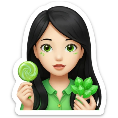A girl with long black hair holding a piece of green hard candy in one hand and a green candy wrapper showing a guava on it in the other hand sticker