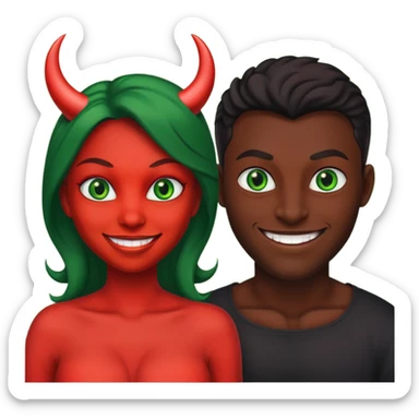 two evil persons (male and female) with devilish smile and black face and green eyes sticker