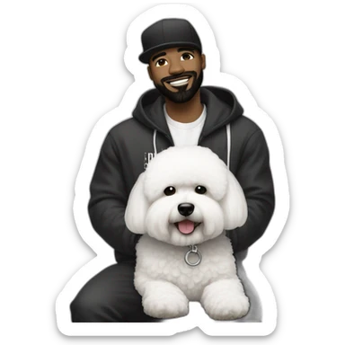 rapper-with hoop-white skin-black hair-beard-bichon dog-white-smile sticker