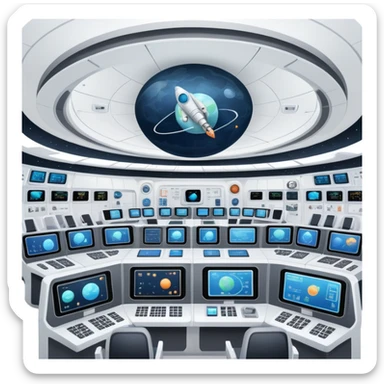 space mission command center with large screens showing spacecraft and planetary data sticker