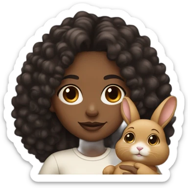 black woman dark long curly hair holding chubby floppy eared tan rabbit sticker