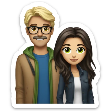 (brunette brown eyed madison beer) standing next to (handsome blonde man, mustache, blue/green eyes, brown glasses) sticker