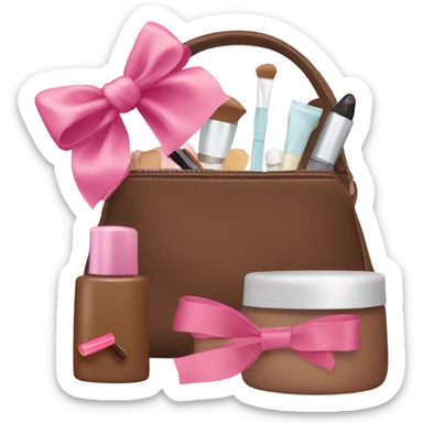 Brown cosmetic bag with cosmetics sticking out and a pink bow sticker
