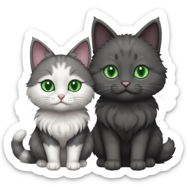 one dark grey and white cat and one completely solid dark grey cat with green eyes and only white paws sticker