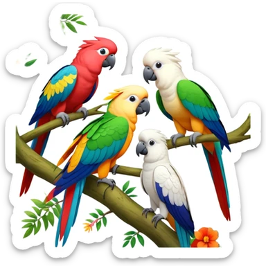Close-up collage of vibrant Ara parrots and Inca cockatoos sitting on tree branches, surrounded by lush greenery. Bright colors of the birds stand out against a natural, sunny background of trees and flowers. Transparent background. sticker