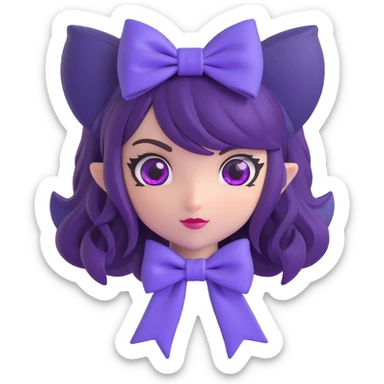 Gwen from League of Legends, high expression, only head and hand visible, right eye purple, both hair bows included sticker