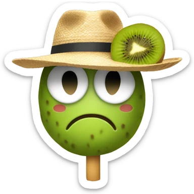 A kiwi fruit with a straw hat sticker