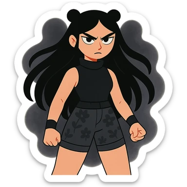 mysterious gothic female fighter with long flowing black hair, sharp intense eyes, small black bear ears, sleeveless black ritual robe top, gray combat shorts with dark floral pattern, quiet but commanding presence, soft dark aura sticker