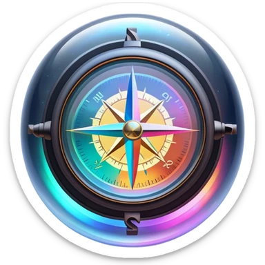 A glowing holographic compass with vibrant neon colors, inside a crystal-clear floating sphere sticker