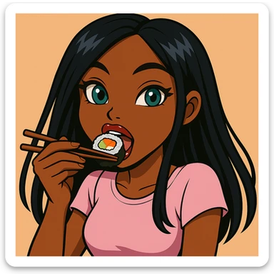 Change the pose to a 20-year-old anime Bratz style woman with dark skin, straight hair, trendy outfit, big expressive eyes, glossy lips, no hat, no tears, happy expression, both eyes open, looking straight ahead, eating a California roll with chopsticks, headshot only. sticker