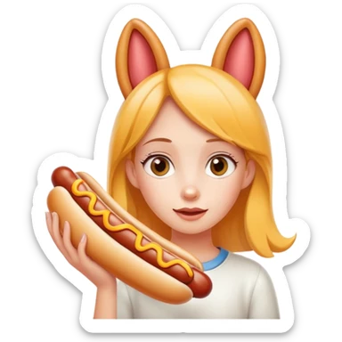 A girl with a hotdog with ears sticker