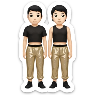 Chino Moreno with black hair, black sequin crop top, beige sequin baggy pants sticker