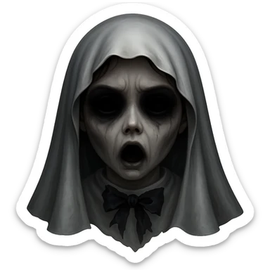 Make the classic girl ghost scarier by adding dark shadows around the eyes, a torn bow, and a haunting expression. Keep the style consistent and remove the background. sticker