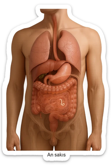 a 3D cutaway view of the human digestive tract, showing an Anisakis larva attached to the intestinal wall. in a man sticker