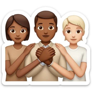 Three diverse people of different races holding hands in unity and harmony, symbol of integration sticker