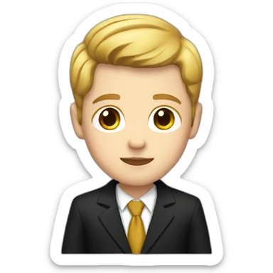 A white kid with brown wearing a black and gold suit sticker