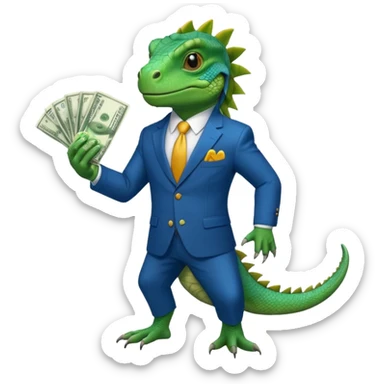 iguana in a blue suit holding cash sticker