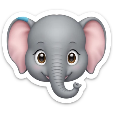 A cute, friendly cartoon elephant face smiling broadly. Big sparkling eyes, rosy cheeks, soft rounded shapes, pastel colors, children's book illustration style, heartwarming sticker