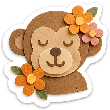 paper craft style monkey with flowers, bust up sticker
