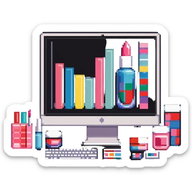 iMac computer with colorful bar charts and beauty products like lipstick, nail polish, cream jars on the screen sticker