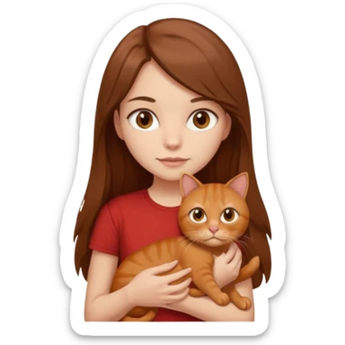 brunette girl with long hair and brown eyes in a brown T-shirt with a British red cat sticker