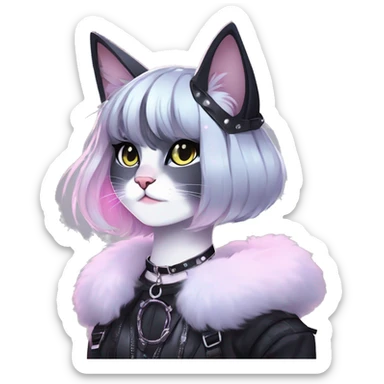 Gorgeous sparkly ethereal shiny gradient gothic dark techwear anime style anthro cat with blushing face aesthetic and pretty edgy black with collar and harness trending style sticker