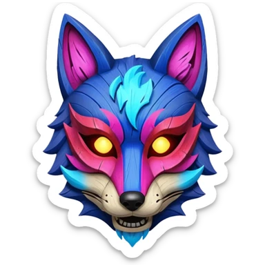 Ancient wooden mask, broken in half, luminous and neon with red, blue, and pink fox-like glow. Fragments of the mask scattered around. sticker