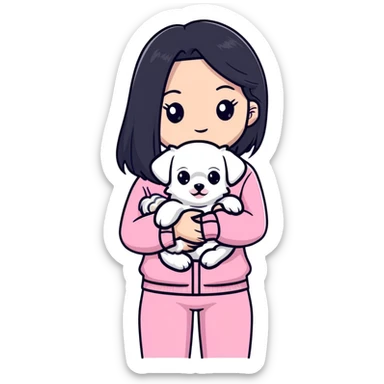 beautiful young woman with long straight black hair wearing pink clothes and holding a small white Maltese puppy sticker