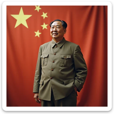 realistic photorealistic image of Mao Zedong as the chairman of the Chinese Communist Party, standing with Chinese flag sticker