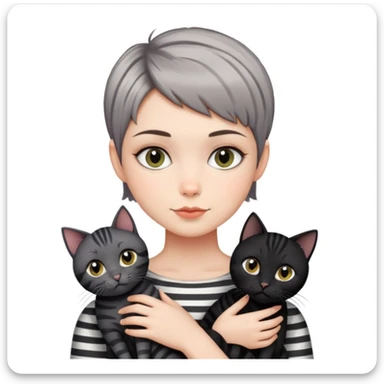 Girl with short pixie cut holding three cats, one black cat, one grey cat, and one grey-striped cat sticker