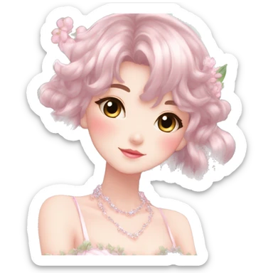 Dreamy pretty elegant kawaii shiny blushing shy anime lady kawaii beautiful hair naturecore fairycore cottagecore jewels trending aesthetic full body sticker