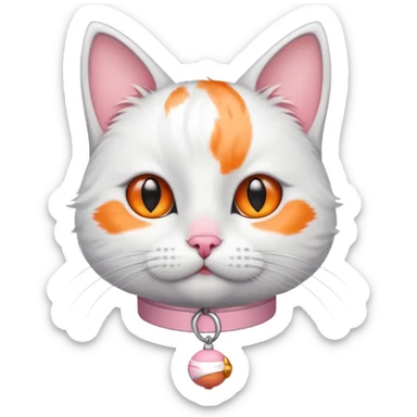 White cat with gray lines on the forehead, orange spot on the nose, collar with a pink bell sticker