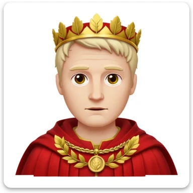 Julius Caesar wearing a red robe and laurel wreath, photorealistic 3D style, white background sticker