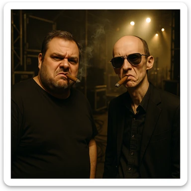 Par de personas que trabajan en la industria musical (hombre robusto de 40 años y otro hombre flaco calvo y con lentes de sol), parados conversando en el backstage de un concierto, con aires de superioridad, mientras se fuman un cigarro, mientras miran a la cámara (músico) de forma despectiva y burlona sticker
