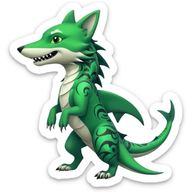 Edgy cool badass Neon-green landhai-sergal-wolf-canine, with a shark tail, with black and dark-green swirly patterns markings sticker