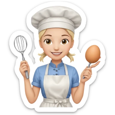 Young female pastry chef - ponytail, apron, wearing a white hat, holding an egg beater in her right hand
 sticker