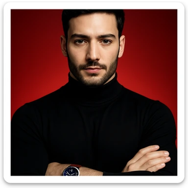 Create an ultra-realistic, high-detail, 4K editorial portrait of the person in the reference image. Emphasize sharp features, flawless fair skin, sleek black hair, and a black turtleneck. The person has arms crossed and wears a wristwatch with a blue dial and brown strap. The background is a bold red gradient with dramatic cinematic lighting. The composition is symmetrical and minimal. This is variation 8. sticker