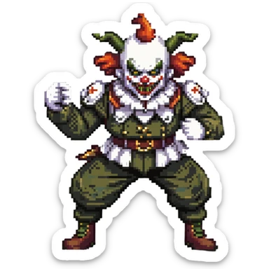 evil clown soldier, bald, short forehead horns, fangs, pointed ears, black and military green clothes, fighting stance sticker