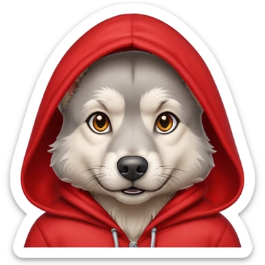 gray stray dog with red hood sweatshirt sticker