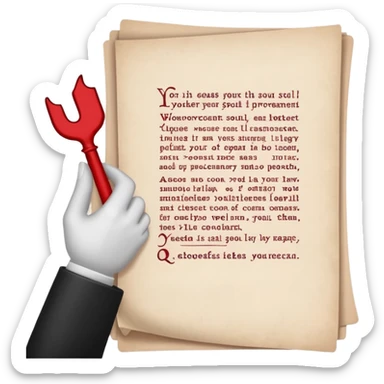 Minimalist emoji-style sticker of a pale hand signing a parchment contract titled “YOUR SOUL” in gothic font, muted red ink, grayscale background sticker