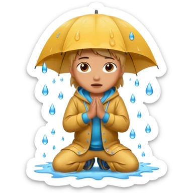 Character kneeling as rain hits the ground, one drop splashing exaggerated sticker