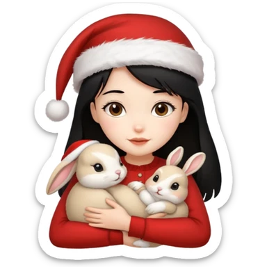 Girl black hair hugging one beige rabbit christmas sticker