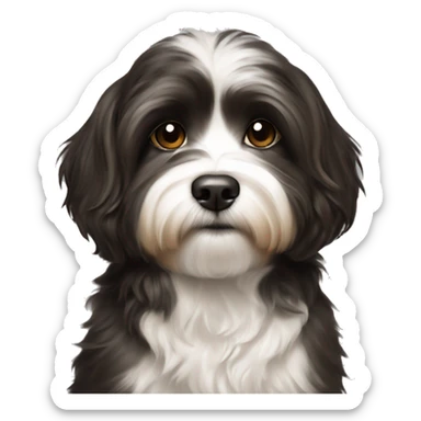 young female artist tan with long dark brown hair painting black+white havanese on a canvas sticker
