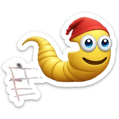 a yellow worm with blue eyes, long, with a gray cap, basking at the oyster in the forest, sitting on a red blanket  sticker