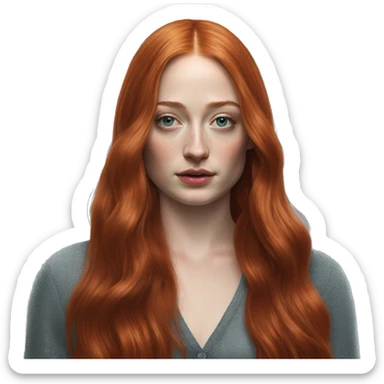 Sophie Turner long red hair, teenager, Sansa Stark, hyperreal, photoreal portrait sticker
