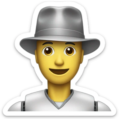 a humanoid robot that has oppenheimer's hat sticker