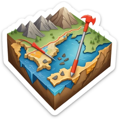 An icon featuring a crowbar and a geological map, and layers of Earth’s crust, symbolizing geology. The design includes mineral samples, fossils, and tectonic plates, representing the study of Earth’s structure and natural processes. Transparent background highlights geological exploration sticker
