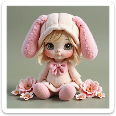 My Melody character, photorealistic style, sitting pose, surrounded by real flowers sticker