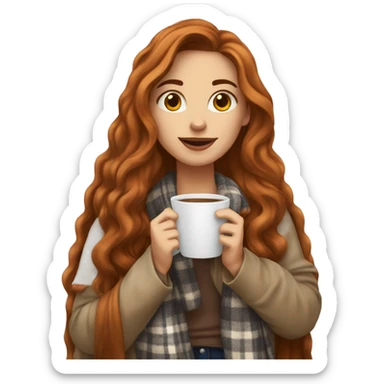 Auburn long haired girl in with a blanket and a latté coffe sticker